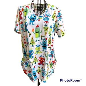 Monster Christmas Themed Butter-Soft Short Sleeve Pocket in a Pocket Scrub Top